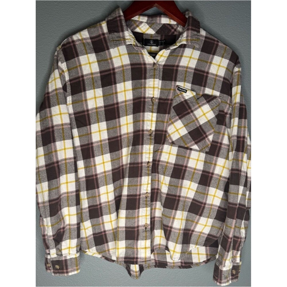 Volcom Women's Plaid Flannel Button Up Shirt Purple White Yellow Size Small S